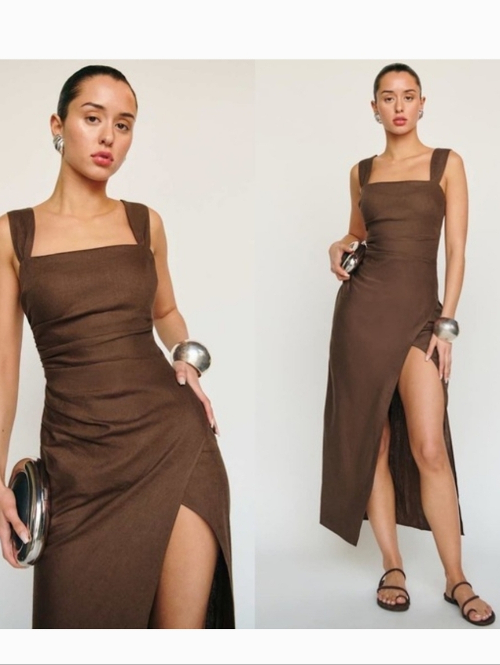 NWT Commense Chocolate Brown Square-Neck Midi Dress Slit Cotton & Linen Slit S - Picture 5 of 10